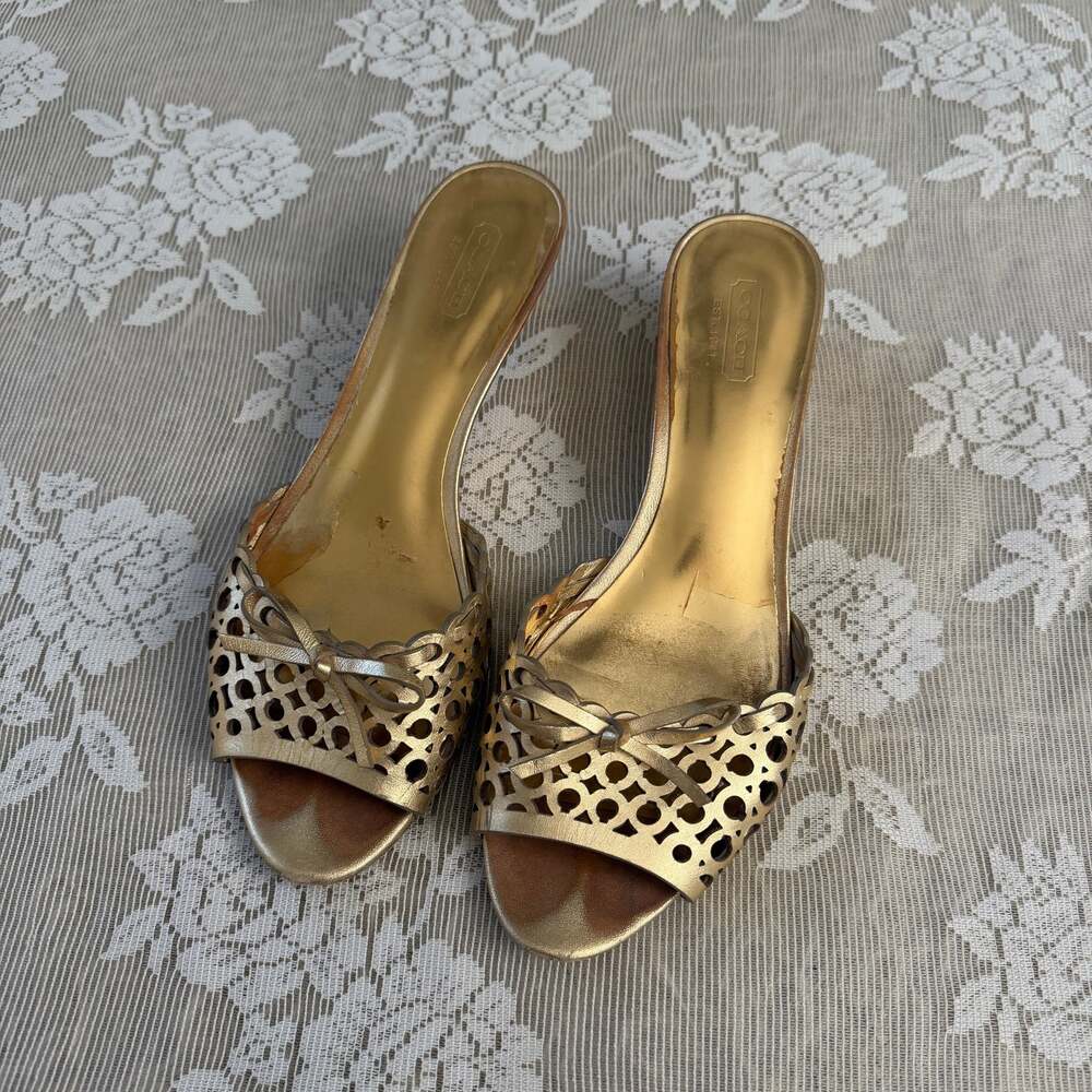 Vintage Coach Gold Metallic Cutout Kitten Heel Mules Size 8